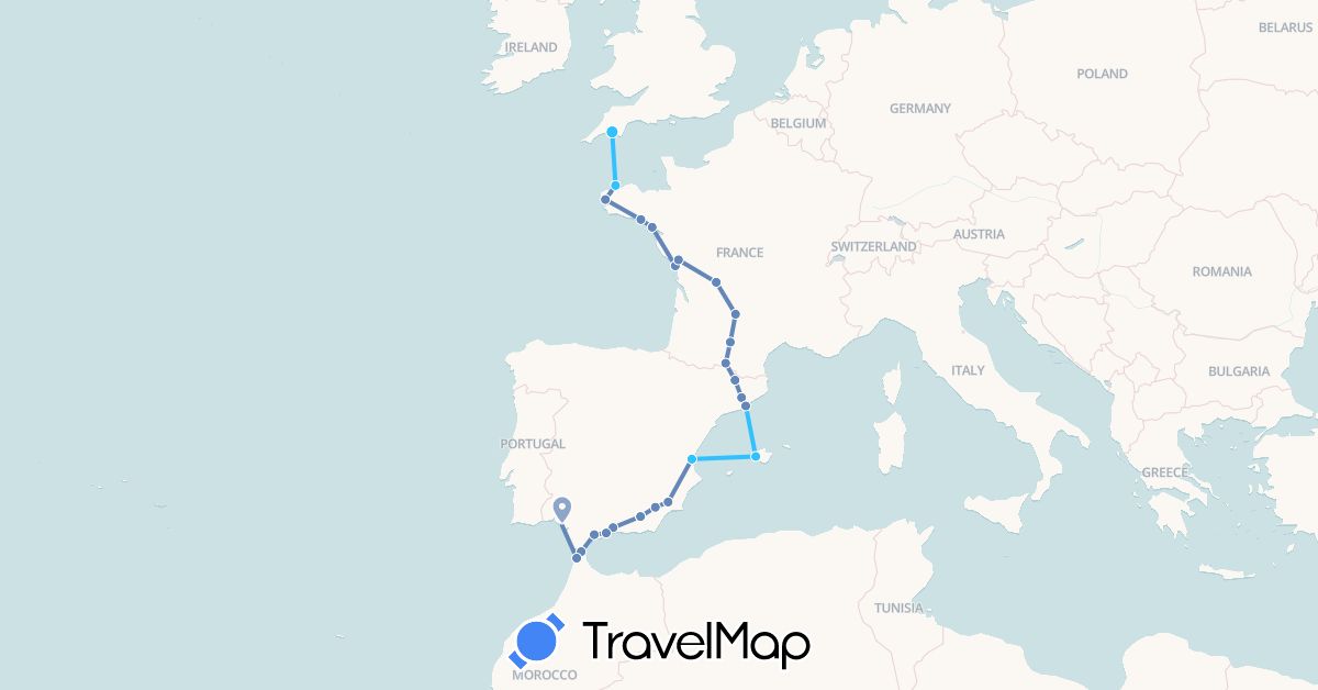 TravelMap itinerary: driving, cycling, boat in Spain, France, United Kingdom, Morocco (Africa, Europe)
