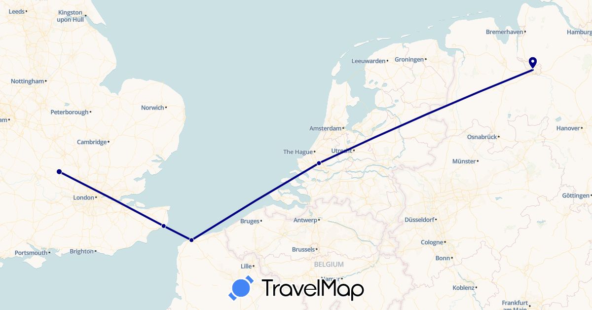 TravelMap itinerary: driving in Germany, France, United Kingdom, Netherlands (Europe)